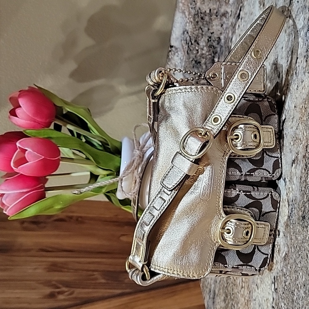 Coach EUC Gold Leather and Canvas Crossover Bag